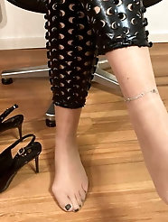 Black Leggings Nylons and High Heel Sling Pumps